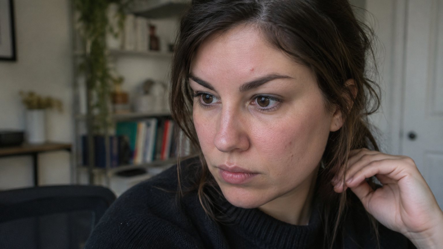 An adult woman looks at her laptop camera preview in a home office with visible jawline breakouts