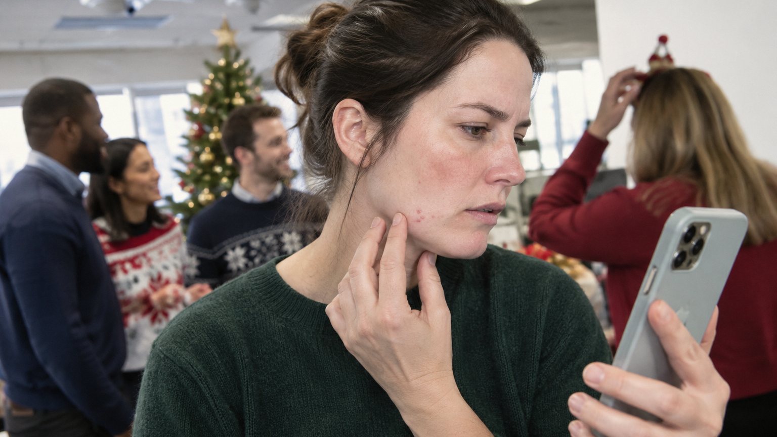 An adult checks visible acne in a phone camera before an office group photo