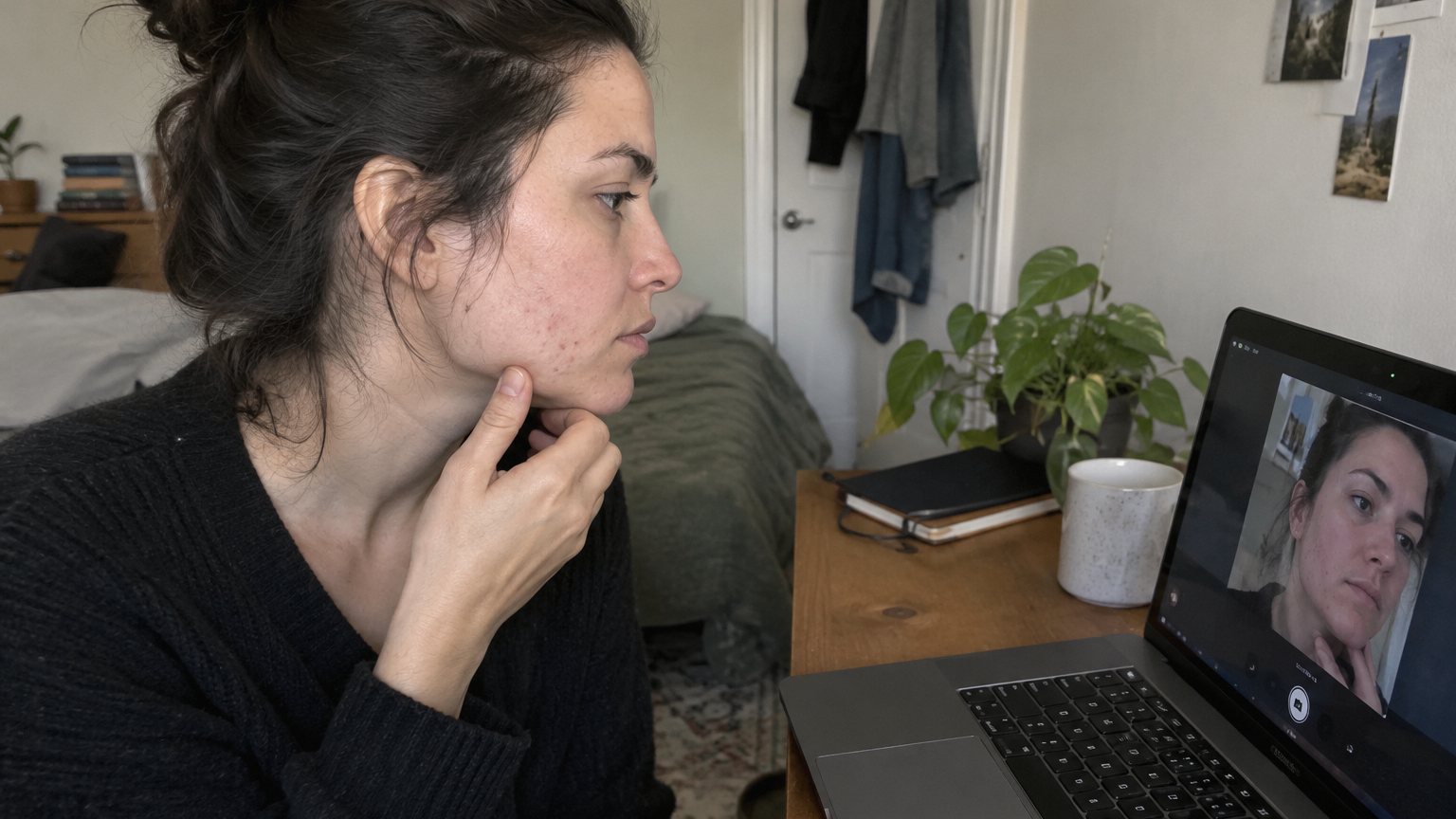 An adult woman checks her jawline acne in a laptop camera preview before a work video call