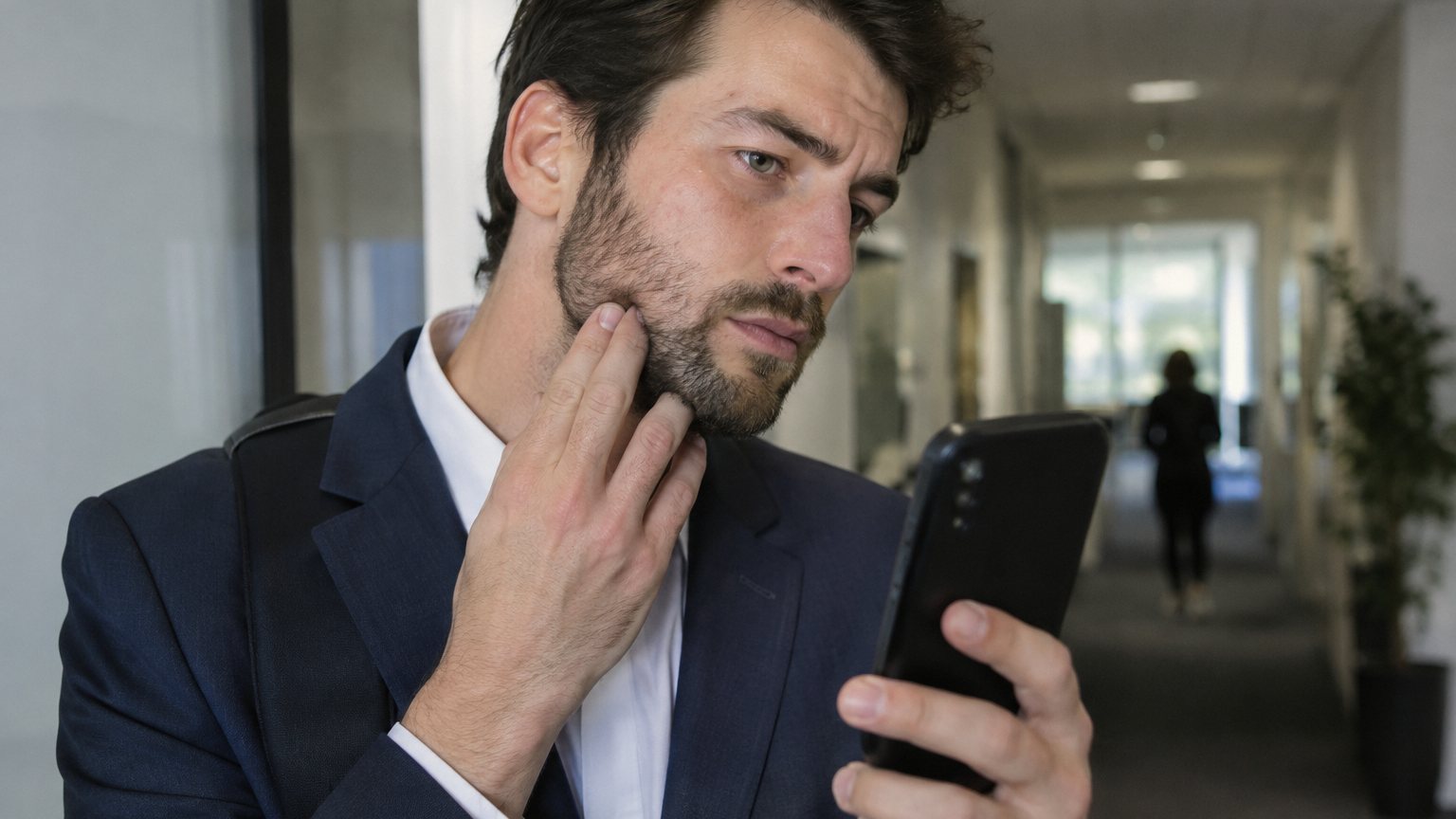An adult man in an office hallway checks his beard-line acne in a dark phone screen before an interview.
