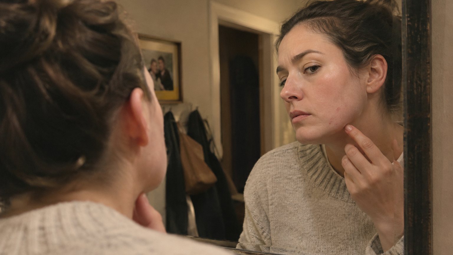 An adult woman checks post-acne marks on her jawline in a dim hallway mirror before a family photo.