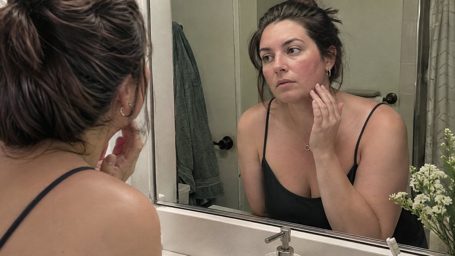Adult woman looking at visible breakouts in a bathroom mirror before going out.